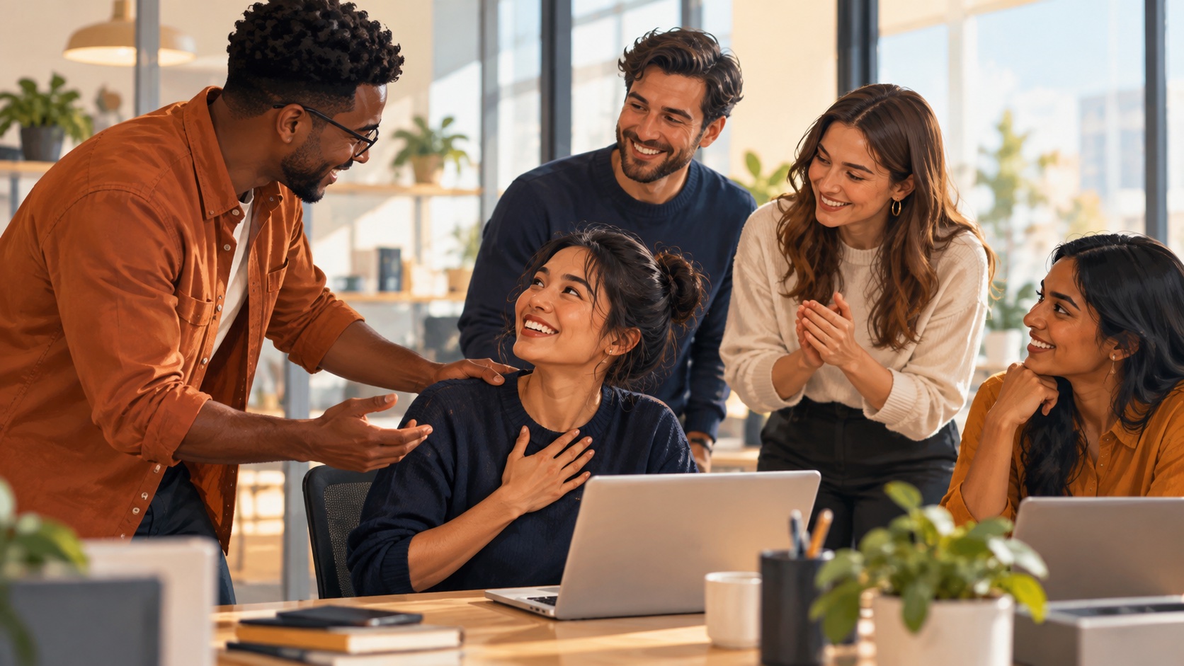 Colleagues thank a teammate for helping solve a work problem